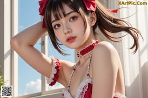 A woman in a red and white dress sitting on a pole.