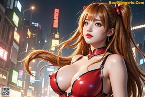 A woman in a red bodysuit is posing for a picture.