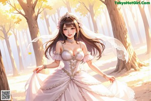 A woman in a wedding dress is walking through the woods.