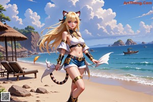 A woman with long blonde hair sitting on a tree stump.
