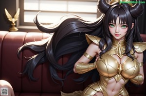 A woman in a golden outfit sitting on a bed.