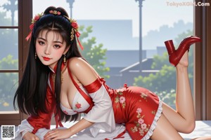A woman in a red and white dress holding a red ribbon.