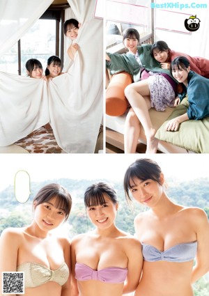 A group of three women laying on top of a bed.