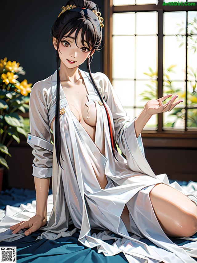 A woman in a white robe sitting on a bed.