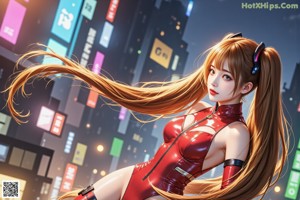 A woman in a red bodysuit and thigh high boots posing for a picture.