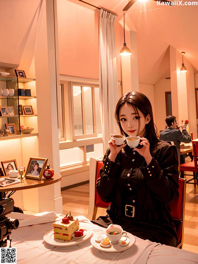 A woman sitting at a table with a cup of coffee.