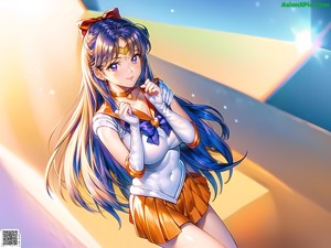 A girl in a sailor outfit is dancing on the beach.