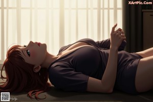 A 3D rendering of a nude woman sitting on a bed.