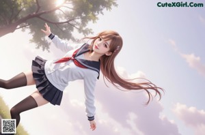 A woman in a school uniform leaning against a tree.