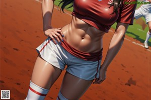 A woman in a red shirt and shorts standing on a soccer field.
