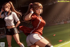 A woman in a soccer uniform standing next to a boy.