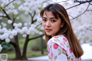 A woman sitting on a white couch in a room.