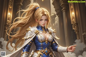 A woman in a white and blue outfit holding a sword.