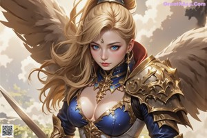 A woman in a white and blue outfit holding a sword.