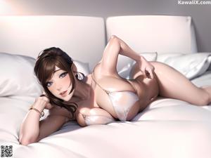 A woman in a bikini laying on a bed.
