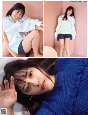 A woman in a blue dress is posing for a magazine.