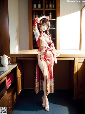 A woman in a kimono standing in front of a door.