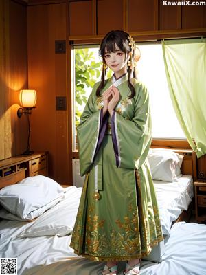 A woman in a kimono sitting on a bed.