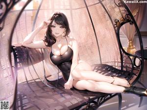 A woman in a red and black lingerie standing next to a bed.