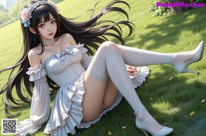 a woman in a white dress and stockings posing for a picture