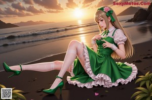 A girl in a green and white dress sitting on a window sill.