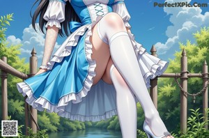 A woman in a blue and white dress posing on a couch.