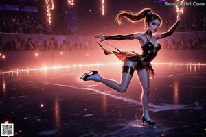 A woman in a gold outfit is dancing in the water.