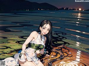 A woman in a bikini sitting on the beach.