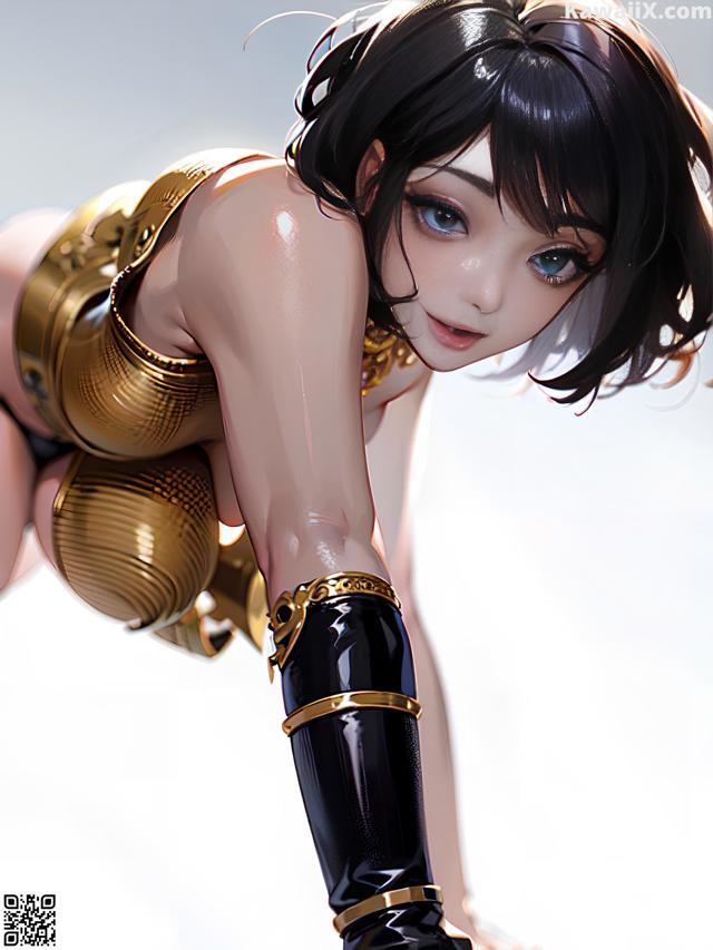 A woman in a black and gold outfit is posing for a picture.