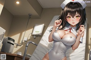A woman in a nurse outfit sitting on a bed.