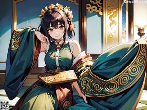 A woman in a kimono sitting on a table.