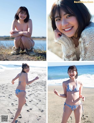 A woman in a blue bikini sitting on a beach.