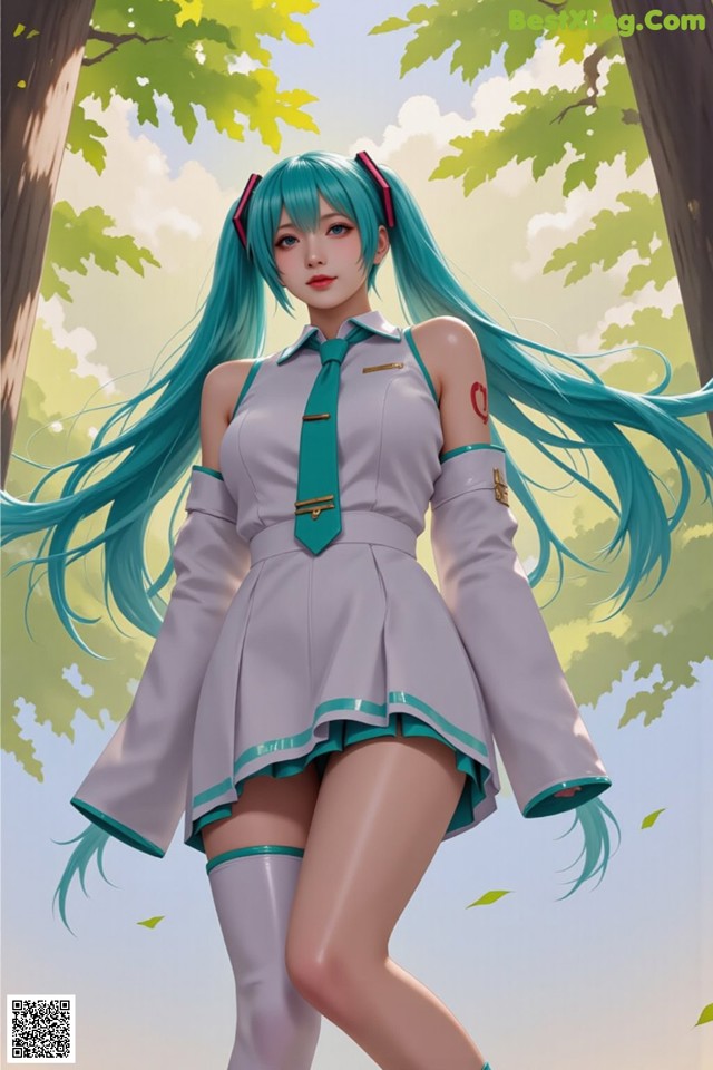 A girl with long blue hair wearing a white dress and green tie.