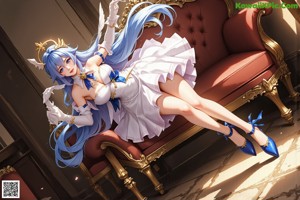 A woman in a blue and white outfit sitting on a table.