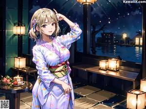 A woman in a white kimono standing in front of a building.