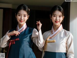 A woman in a pink and blue hanbok poses for a picture.