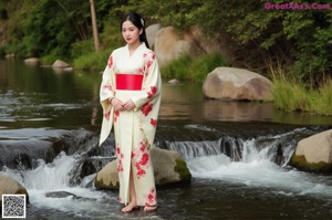 A woman in a colorful dress standing in the woods.