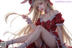 A woman in a red and white dress with a bunny headband.