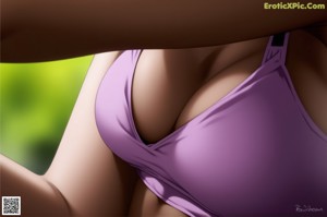 A woman in a green shirt and blue panties is standing in the woods.