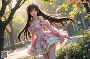 a woman in a pink and white dress and stockings