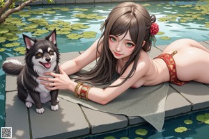 A woman in a kimono standing next to a swimming pool.