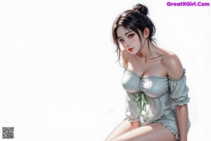 A woman in a white dress sitting on a bed.