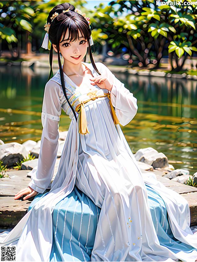 A woman in a blue and white dress sitting by a pond.