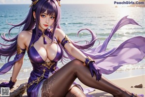 A woman in a purple dress sitting on a wooden bench.