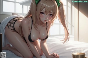 A naked anime girl sitting on a bed with bunny ears on her head.