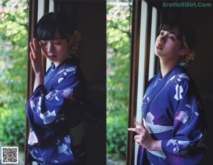 A woman in a red and white kimono is looking at the camera.