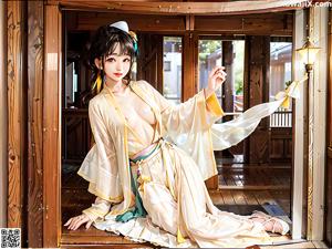 A woman in a kimono is posing in front of a window.