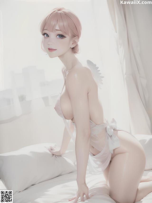 A woman in a white lingerie sitting on a bed.