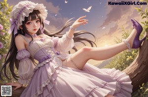 A woman with long black hair wearing a dress and purple shoes.