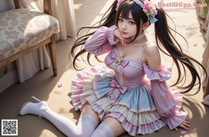 a woman in a pink dress sitting on a bed